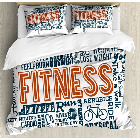 Fitness Duvet Cover Set, Sports and Exercise Related Words Retro Typography Active Lifestyle, Decorative 3 Piece Bedding Set with 2 Pillow Shams, Queen Size, Dark Blue Orange and White, by Ambesonne