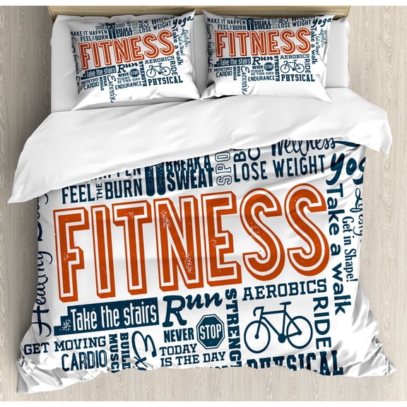 Fitness Duvet Cover Set, Sports and Exercise Related Words Retro Typography Active Lifestyle, Decorative 3 Piece Bedding Set with 2 Pillow Shams, Queen Size, Dark Blue Orange and White, by Ambesonne