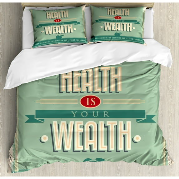 Fitness Duvet Cover Set, Ture Wealth Wording in a Vintage Design Inspirational Grunge Wording, Decorative 3 Piece Bedding Set with 2 Pillow Shams, King Size, Pale Orange Pale Green, by Ambesonne