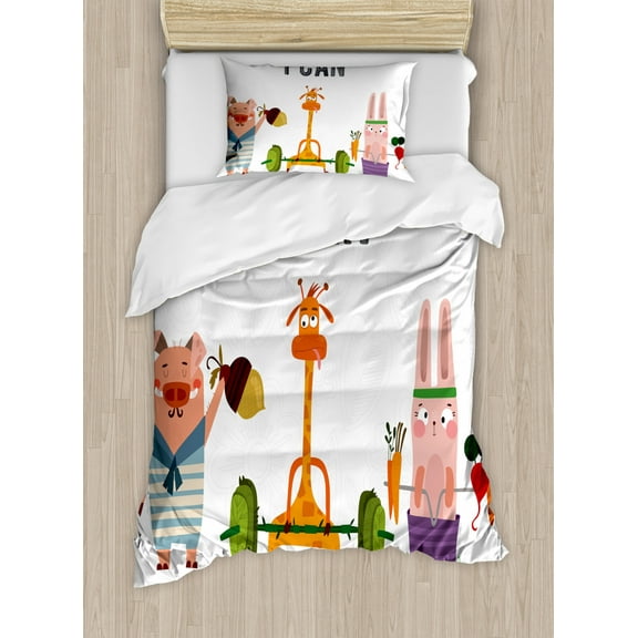 Fitness Duvet Cover Set Twin Size, Cute Pig Rabbit and Giraffe Exercise Summer is Coming Fitness Motivation Yes I Can, Decorative 2 Piece Bedding Set with 1 Pillow Sham, Multicolor, by Ambesonne