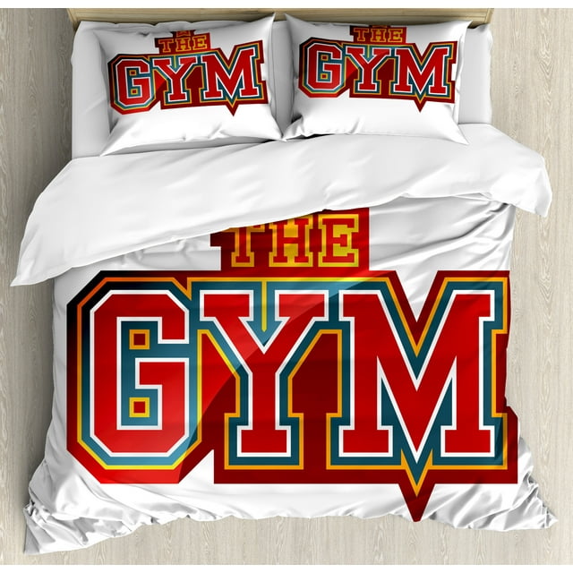 Fitness Duvet Cover Set, Vibrant the Gym Sign with Star Workout Bodybuilding Exercise, Decorative 3 Piece Bedding Set with 2 Pillow Shams, King Size, Red Petrol Blue Orange, by Ambesonne