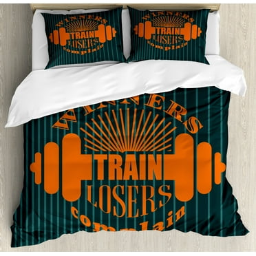 Fitness Duvet Cover Set, Winners Train Losers Complain Words Design Dumbbell Bodybuilding, Decorative 3 Piece Bedding Set with 2 Pillow Shams, Queen Size, Petrol Blue Teal Orange, by Ambesonne