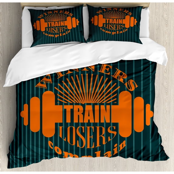 Fitness Duvet Cover Set, Winners Train Losers Complain Words Design Dumbbell Bodybuilding, Decorative 3 Piece Bedding Set with 2 Pillow Shams, Queen Size, Petrol Blue Teal Orange, by Ambesonne