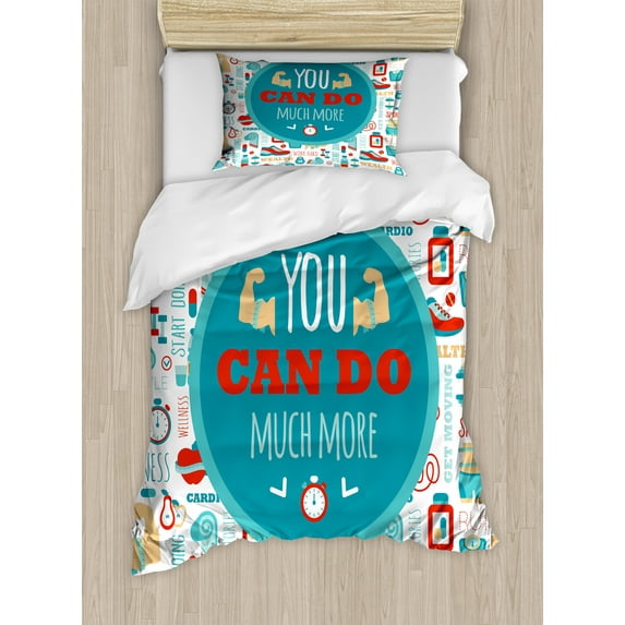 Fitness Duvet Cover Set, You Can Do Much More Encouraging Phrase with Gym Cardio Sport Wellness, Decorative 2 Piece Bedding Set with 1 Pillow Shams, Twin Size, Teal White Red, by Ambesonne
