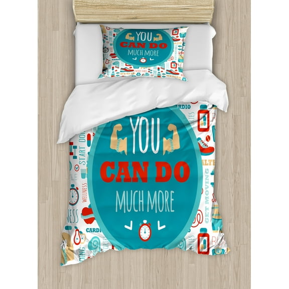 Fitness Duvet Cover Set, You Can Do Much More Encouraging Phrase with Gym Cardio Sport Wellness, Decorative 2 Piece Bedding Set with 1 Pillow Shams, Twin Size, Teal White Red, by Ambesonne