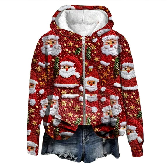 2024 Hot Selling Sweatshirts for Women Clearance Sale Women Casual Christmas Printed Hooded Zipper Pocket Long Sleeve Pullover Hoodies Blouse Sweatshirt Tops Trending Womens Clothes, C S