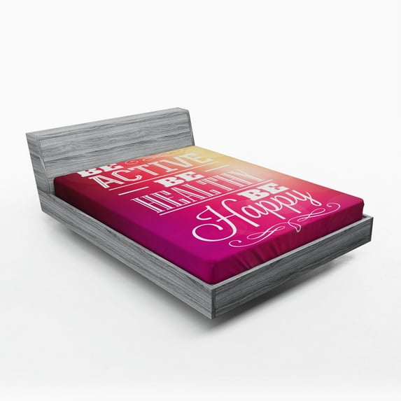 Ambesonne Fitness Fitted Sheet, Be Active Be Happy Pattern, Full Size, Fuchsia White and Peach
