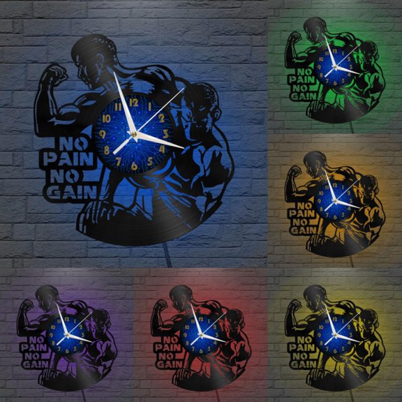 Fitness Gym 12 Inch Vinyl Record Wall Clock - Silent, Creative, and Unique Clock for Living Room, Entryway, or Bedroom Decor - Perfect Gift Idea(12 inchs B with LED)