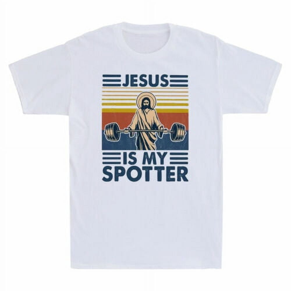 Fitness Jesus Is My Spotter Funny Gym & Workout Retro Men's White ...