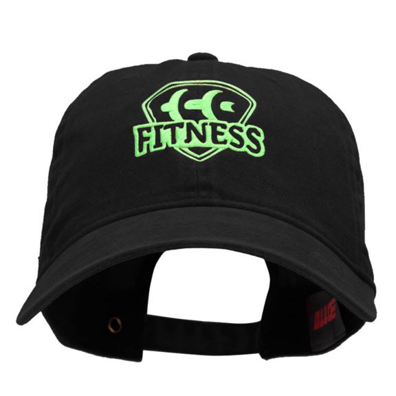 Fitness Logo Washed Solid Pigment Dyed Cotton Twill Brass Buckle Cap - Black OSFM