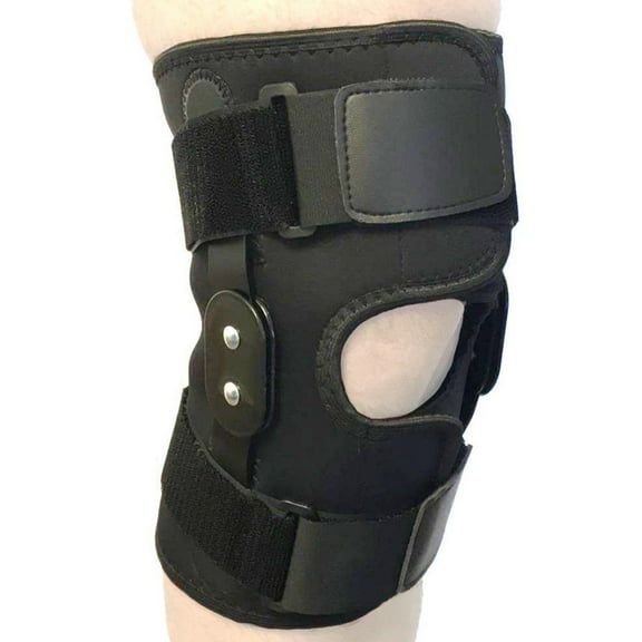Fitness Maniac Hinged Knee Brace Adjustable Black Wraparound Open Patella Support Neoprene Wrap (Large)