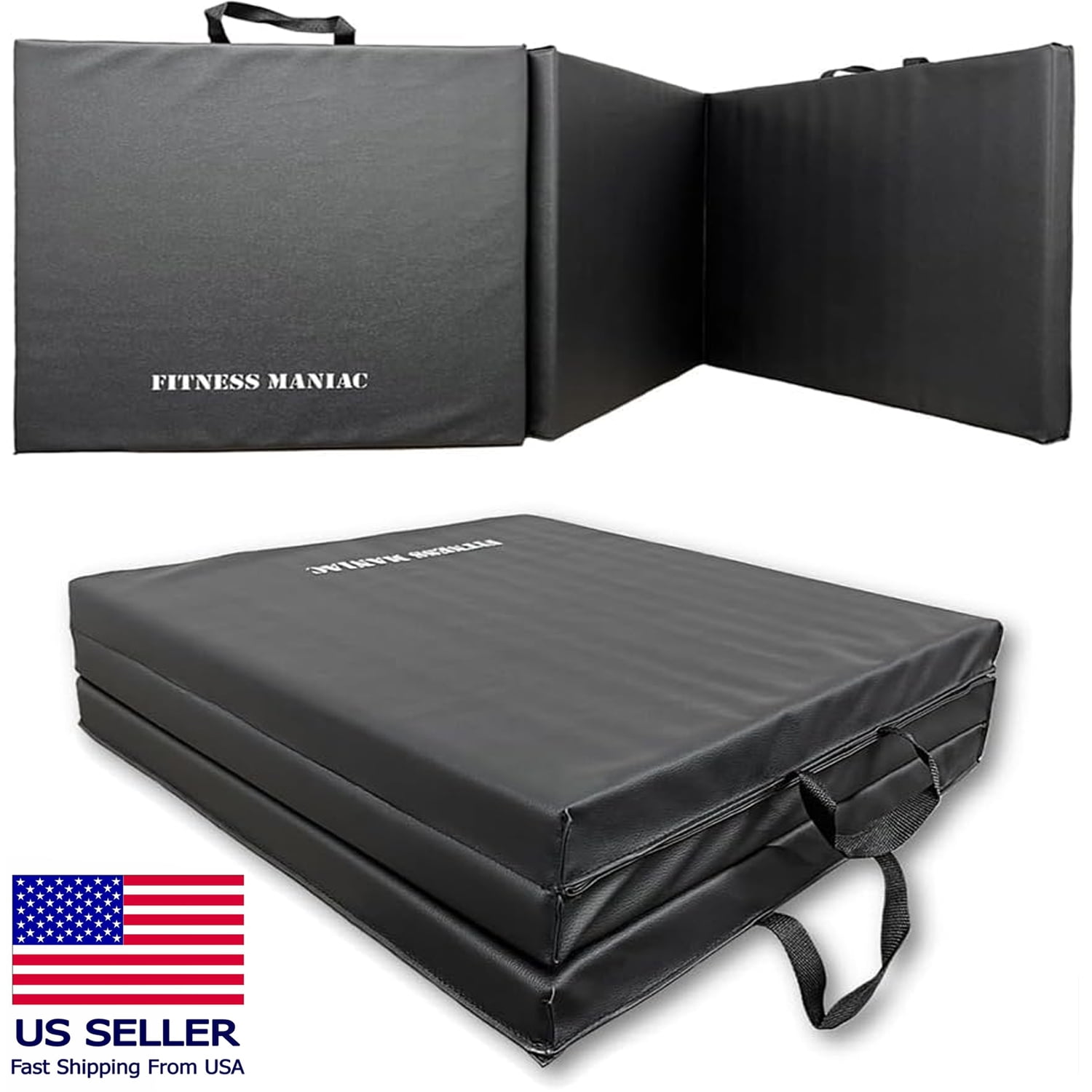 FITNESS MANIAC Tri-Fold Folding Thick Exercise Mat with Carrying Handles for Tumbling MMA Core Black
