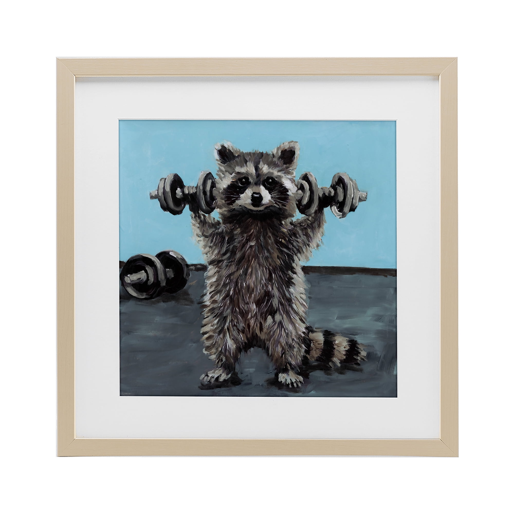 Fitness Raccoon with Weights Birch Framed Print Under Glass, design by Studio Bautista