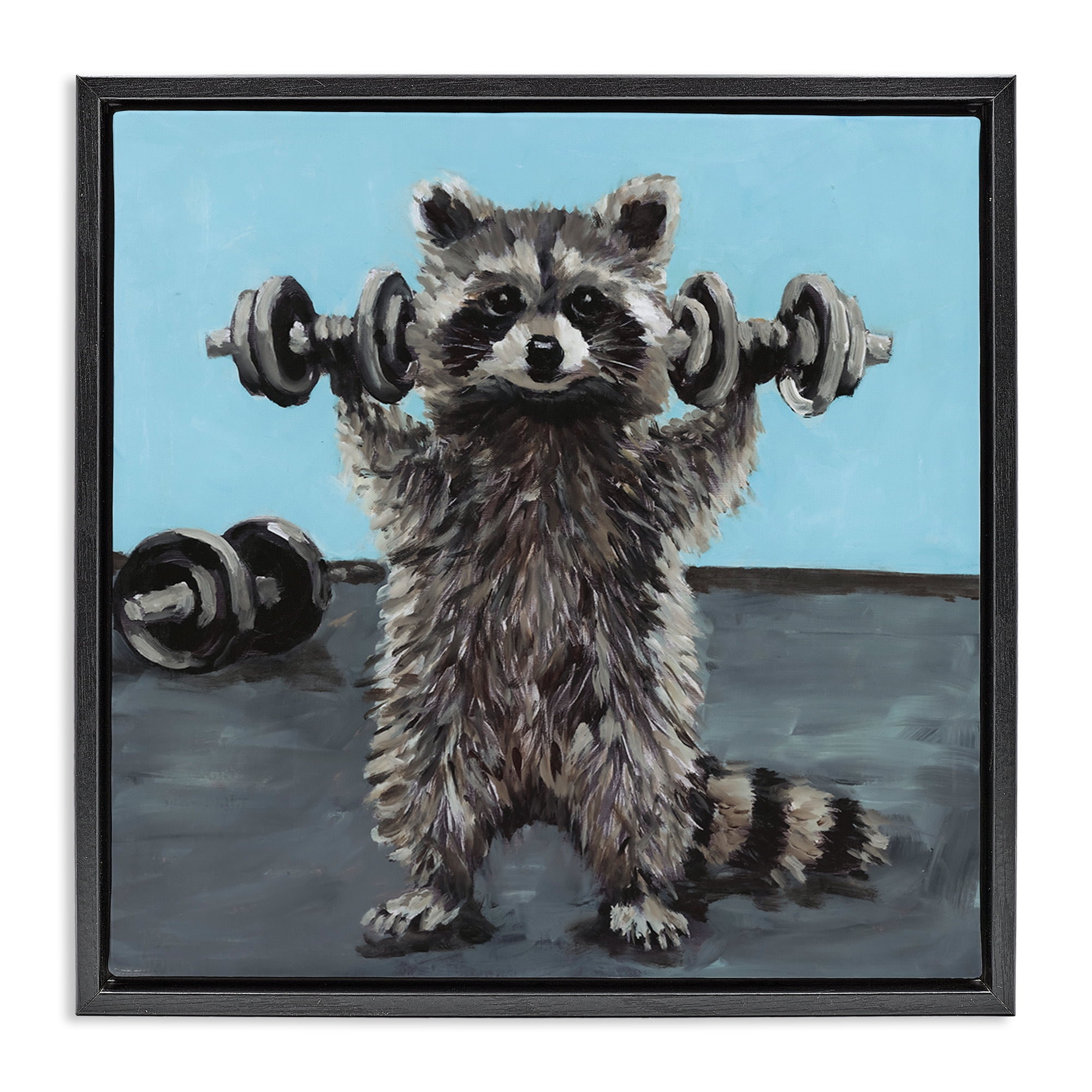 Fitness Raccoon with Weights Black Framed Floater Canvas Wall Art, design by Studio Bautista
