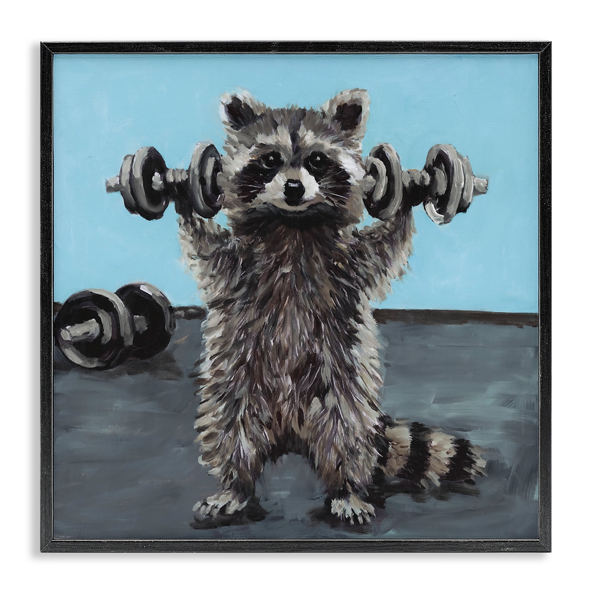 Fitness Raccoon with Weights Black Framed Giclee Art, design by Studio Bautista