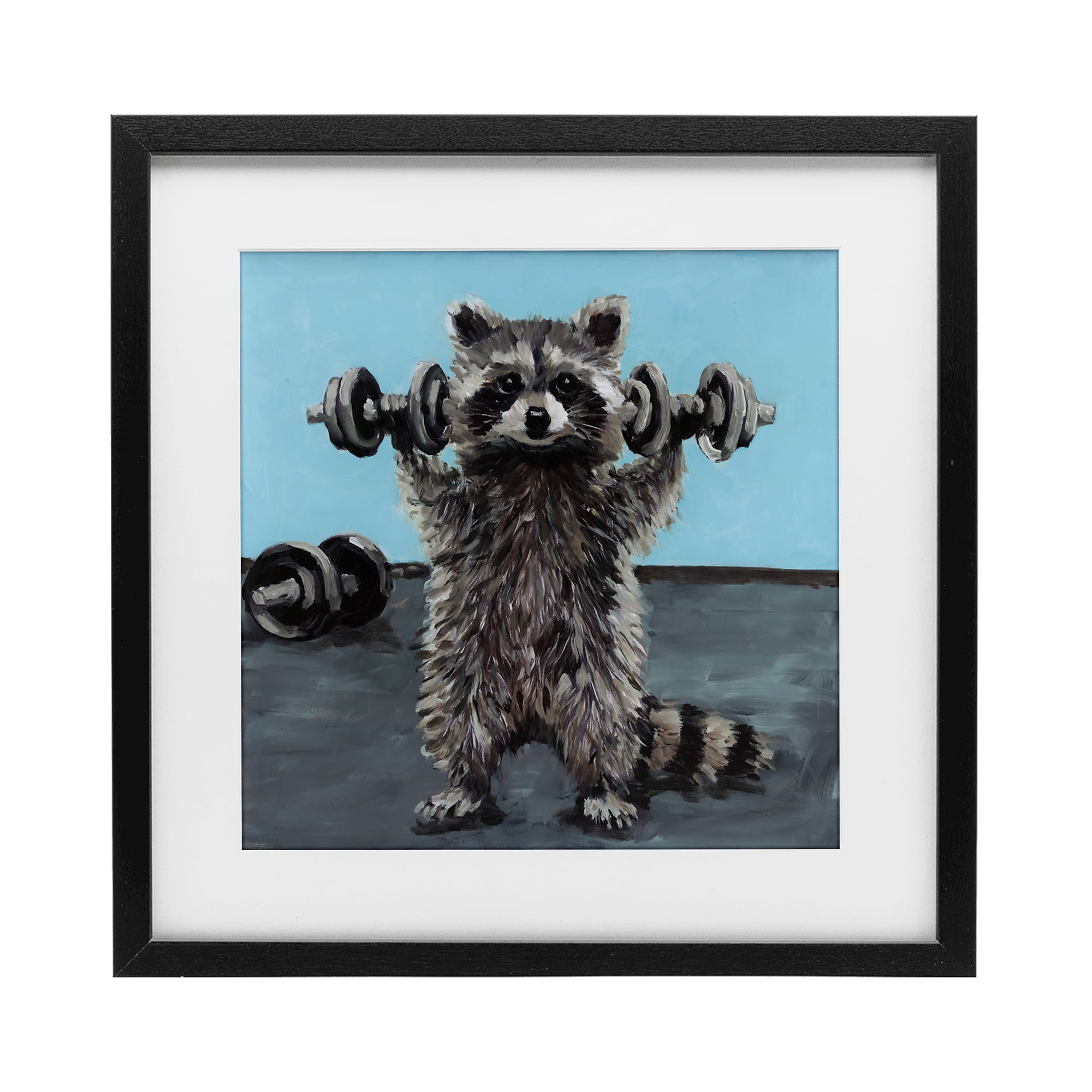 Fitness Raccoon with Weights Black Framed Print Under Glass, design by Studio Bautista