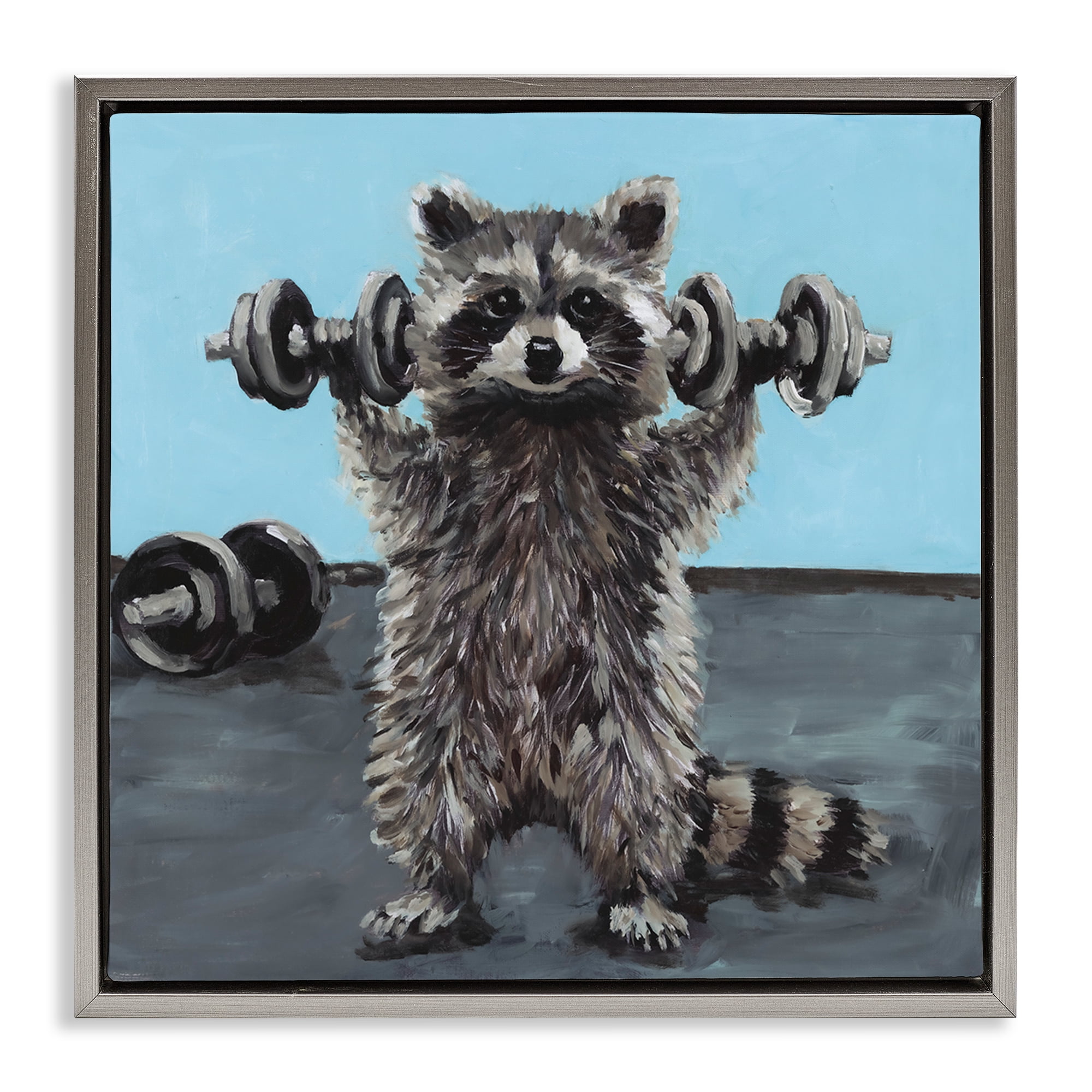 Fitness Raccoon with Weights Gray Framed Floater Canvas Wall Art, design by Studio Bautista