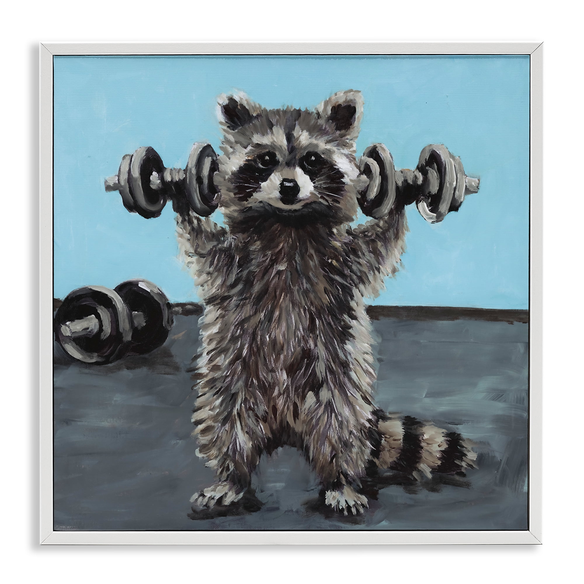 Fitness Raccoon with Weights White Framed Giclee Art, design by Studio Bautista