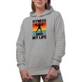 thumbnail image 1 of Fitness Saved My Life feat. a Weightlifter or Bodybuilder, Heather Grey Hooded Sweatshirt or Hoodie, 2XL, 1 of 5