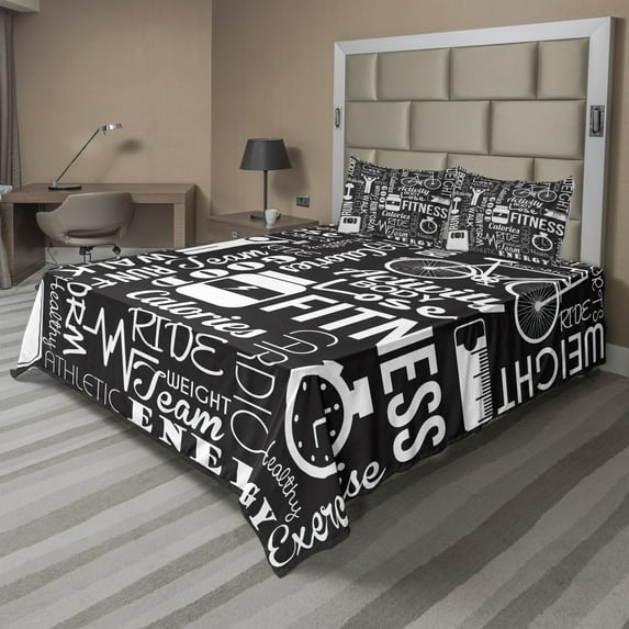 Fitness Sheet Set, Active Life Theme Composition Words Exercising and Various Typography, Fitted and Flat Sheet with Pillowcases Bedding Accent 4 Piece Set, Queen, Pale Grey Black, by Ambesonne