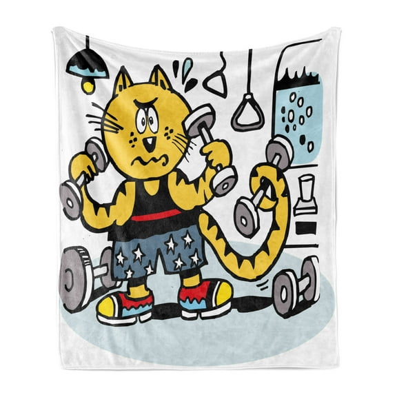 Fitness Soft Flannel Fleece Blanket, Cartoon Style Cat Using Weights in Gym Effort Perspiring Humorous Funny Caricature, Cozy Plush for Indoor and Outdoor Use, 70" x 90", Multicolor, by Ambesonne