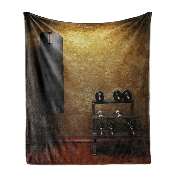 Fitness Soft Flannel Fleece Blanket, Gym Room with Equipments Dumbbells Work out Concept 3D Digital Print, Cozy Plush for Indoor and Outdoor Use, 50" x 70", Black Redwood Pale Brown, by Ambesonne