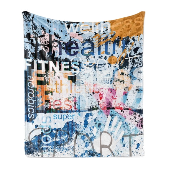 Fitness Soft Flannel Fleece Blanket, Health Wellness Aerobics Sports Words Illustration on Grunge Vintage Style Backdrop, Cozy Plush for Indoor and Outdoor Use, 60" x 80", Multicolor, by Ambesonne