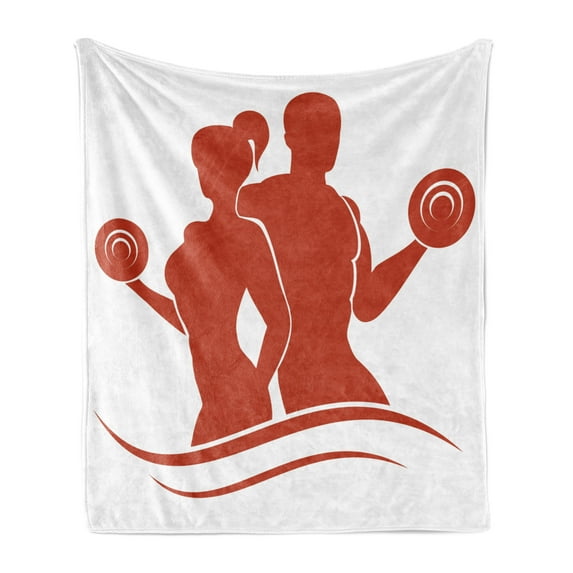 Fitness Soft Flannel Fleece Blanket, Muscled Man and Woman Silhouettes Holding Dumbbells Gym Health Strength Activity, Cozy Plush for Indoor and Outdoor Use, 70" x 90", Orange White, by Ambesonne