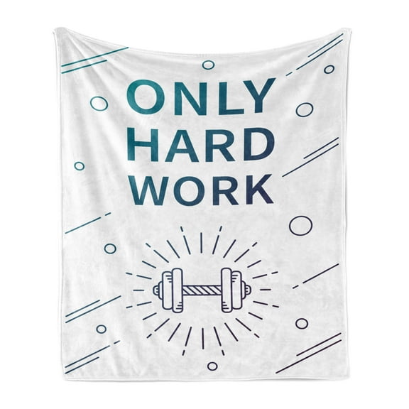 Fitness Soft Flannel Fleece Blanket, Only Hard Work Positive Sports Affirmation Phrase and Dumbbell Inspirational, Cozy Plush for Indoor and Outdoor Use, 70" x 90", Blue Purple White, by Ambesonne