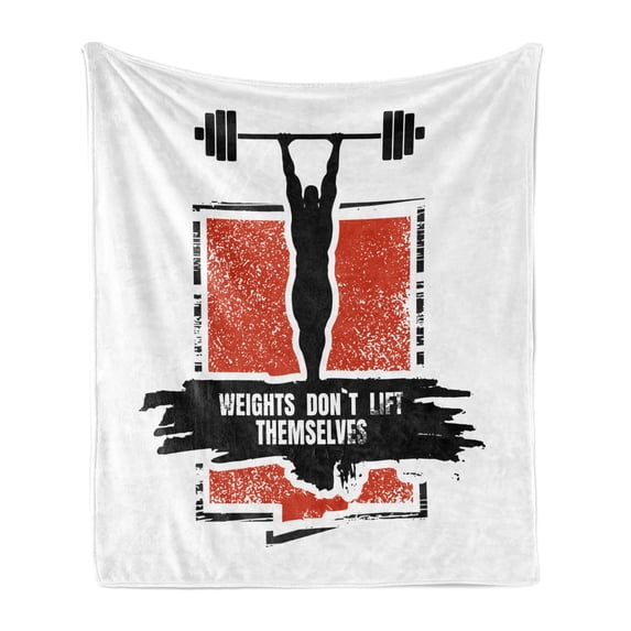Fitness Soft Flannel Fleece Throw Blanket, Bodybuilder and Huge Barbell Silhouettes of Posing Athlete Weights Lift, Cozy Plush for Indoor and Outdoor Use, 50" x 60", Red Black White, by Ambesonne