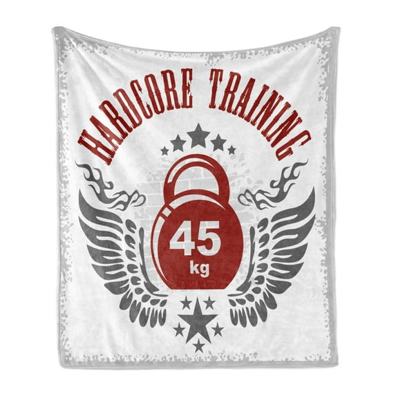 Fitness Soft Flannel Fleece Throw Blanket, Bodybuilding Themed Emblem in Vintage Style Hardcore Training Wings Stars, Cozy Plush for Indoor and Outdoor Use, 50" x 70", Red White Grey, by Ambesonne