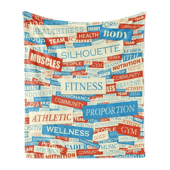 Fitness Soft Flannel Fleece Throw Blanket, Collage of Words Physical Activity Healthiness Nutrition Bodycare Theme, Cozy Plush for Indoor and Outdoor Use, 50" x 70", Sky Blue White Red, by Ambesonne