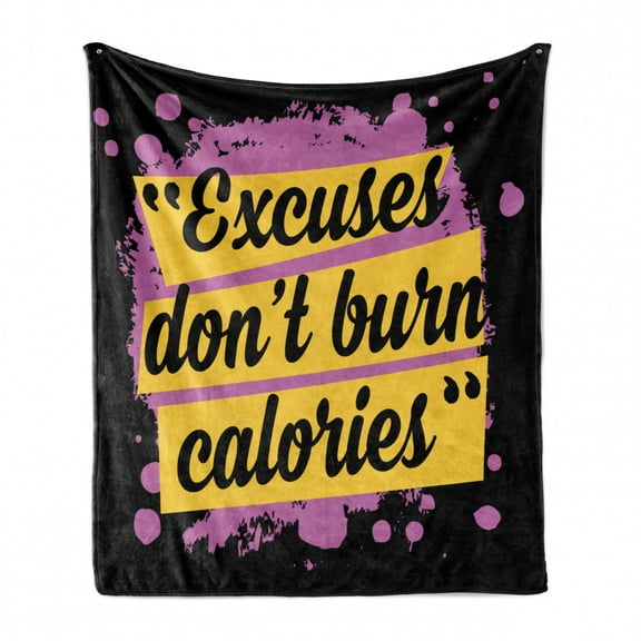Fitness Soft Flannel Fleece Throw Blanket, Fitness Motivation Words Excuses Dont Burn Calories Modern Design, Cozy Plush for Indoor and Outdoor Use, 70" x 90", Lilac Yellow Black, by Ambesonne