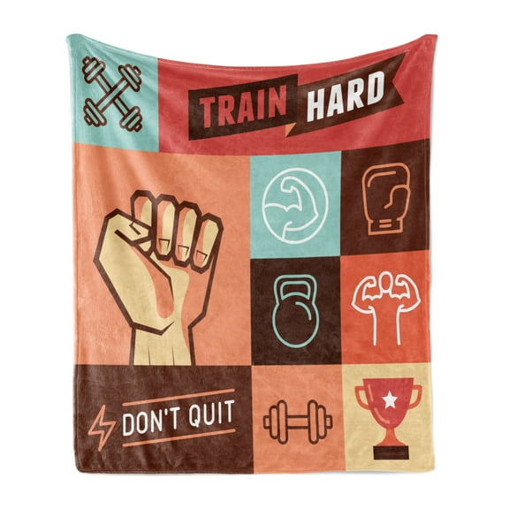 Fitness Soft Flannel Fleece Throw Blanket, Gym Trainings Achievement Victory Strength Determination Don't Quit Phrase, Cozy Plush for Indoor and Outdoor Use, 50" x 70", Multicolor, by Ambesonne