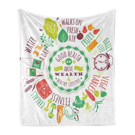 Fitness Soft Flannel Fleece Throw Blanket, Health is Above Wealth Wellness Motivation Water Fruits Fitness Walk Cereals, Cozy Plush for Indoor and Outdoor Use, 50" x 60", Multicolor, by Ambesonne