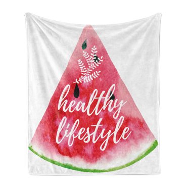 Fitness Soft Flannel Fleece Throw Blanket, Healthy Lifestyle Themed Words on Vivid Hand Drawn Watermelon with Herbs, Cozy Plush for Indoor and Outdoor Use, 70" x 90", Multicolor, by Ambesonne