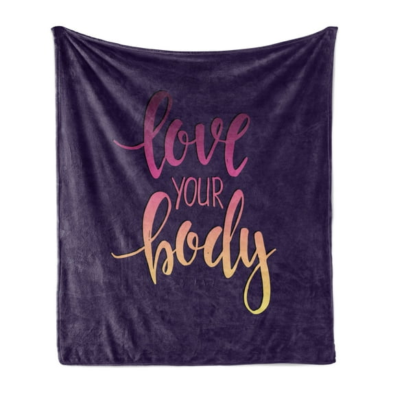 Fitness Soft Flannel Fleece Throw Blanket, Love Your Body Hand Drawn Typography Inspirational Positive Attitude, Cozy Plush for Indoor and Outdoor Use, 60" x 80", Dark Purple Pink Peach, by Ambesonne