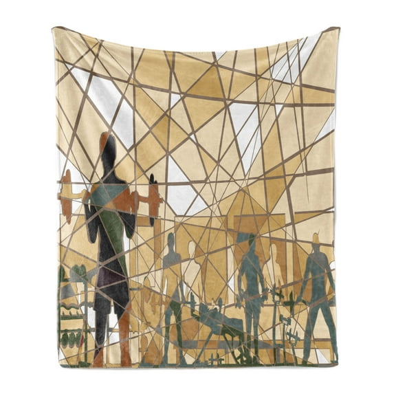 Fitness Soft Flannel Fleece Throw Blanket, Mosaic Design of People Exercising in a Gym Barbells Weightlift, Cozy Plush for Indoor and Outdoor Use, 50" x 70", Slate Blue Pale Brown, by Ambesonne