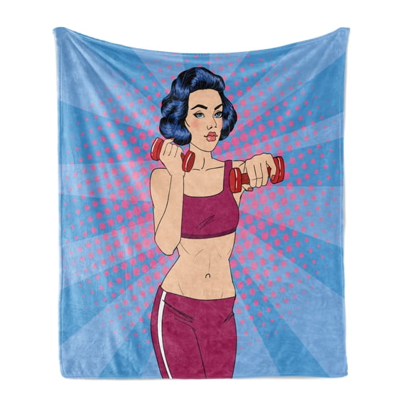 Fitness Soft Flannel Fleece Throw Blanket, Pop Art Woman Doing Exercises with Dumbbells Healthcare Vitality Retro Style, Cozy Plush for Indoor and Outdoor Use, 60" x 80", Multicolor, by Ambesonne
