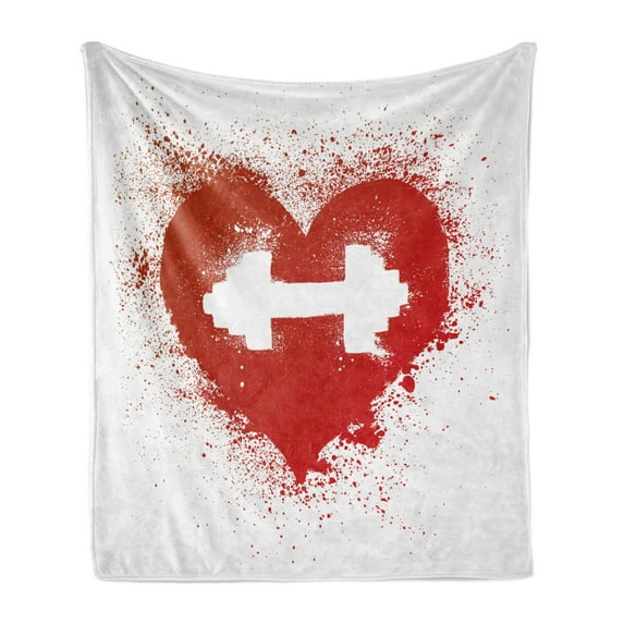 Fitness Soft Flannel Fleece Throw Blanket, Red Heart with Stains Splashes and Dumbbell Grunge Love Design, Cozy Plush for Indoor and Outdoor Use, 50" x 60", Red and White, by Ambesonne
