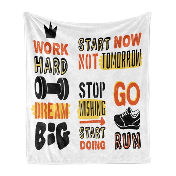 Fitness Soft Flannel Fleece Throw Blanket, Sports Affirmation Positive Words Typography Design Sneakers, Cozy Plush for Indoor and Outdoor Use, 50" x 70", Orange Yellow Black, by Ambesonne