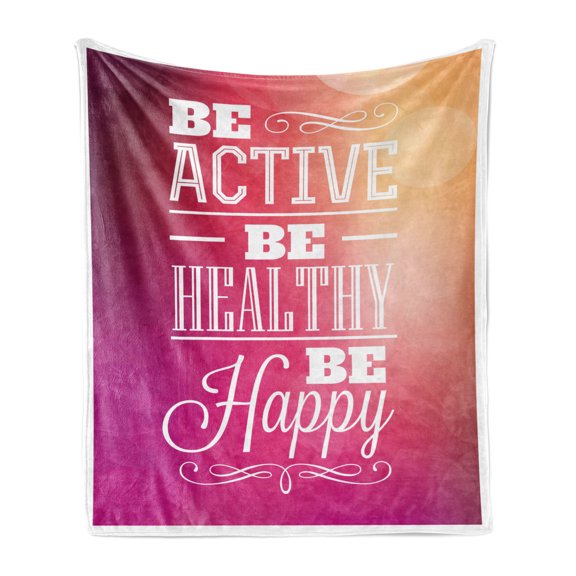 Fitness Soft Flannel Fleece Throw Blanket, Typographic Design with Be Active Be Healthy Be Happy Words, Cozy Plush for Indoor and Outdoor Use, 50" x 70", Fuchsia White Peach, by Ambesonne
