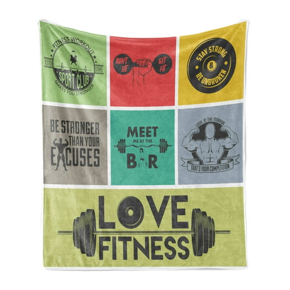Fitness Soft Flannel Fleece Throw Blanket, Various Words in Colorful Frames Get Fit Active Healthy Lifestyle, Cozy Plush for Indoor and Outdoor Use, 50" x 60", Multicolor, by Ambesonne