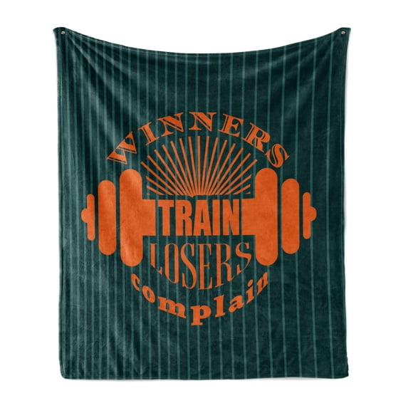 Fitness Soft Flannel Fleece Throw Blanket, Winners Train Losers Complain Words Design Dumbbell Bodybuilding, Cozy Plush for Indoor and Outdoor Use, 70" x 90", Petrol Blue Teal Orange, by Ambesonne