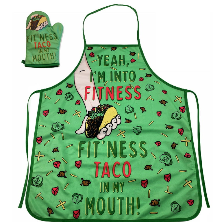 Fitness Taco Funny Kitchen Apron and Oven Mitts Humorous Gym Graphic  Novelty Cooking Accessories (Oven Mitt + Apron) 