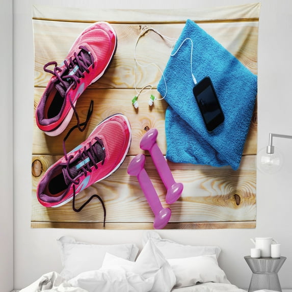 Fitness Tapestry, Gymnasium Theme Women's Running Shoes and Dumbbells Equipment for Training Image, Fabric Wall Hanging Decor for Bedroom Living Room Dorm, 5 Sizes, Multicolor, by Ambesonne