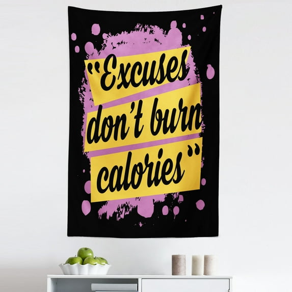 Fitness Tapestry, Fitness Motivation Words Excuses Dont Burn Calories Modern Design, Fabric Wall Hanging Decor for Bedroom Living Room Dorm, 5 Sizes, Lilac Yellow Black, by Ambesonne