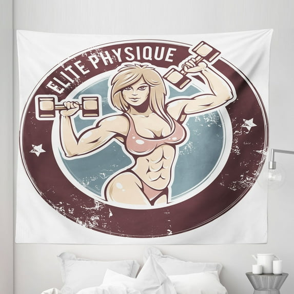 Fitness Tapestry, Retro Design Gym Woman Round Layout, Fabric Wall Hanging Decor for Bedroom Living Room Dorm, 5 Sizes, Warm Taupe Slate Blue, by Ambesonne