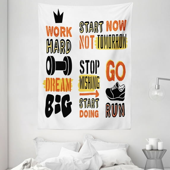 Fitness Tapestry, Sports Affirmation Positive Quotes Motivational Typography Design Sneakers, Wall Hanging for Bedroom Living Room Dorm Decor, 60W X 80L Inches, Orange Yellow Black, by Ambesonne