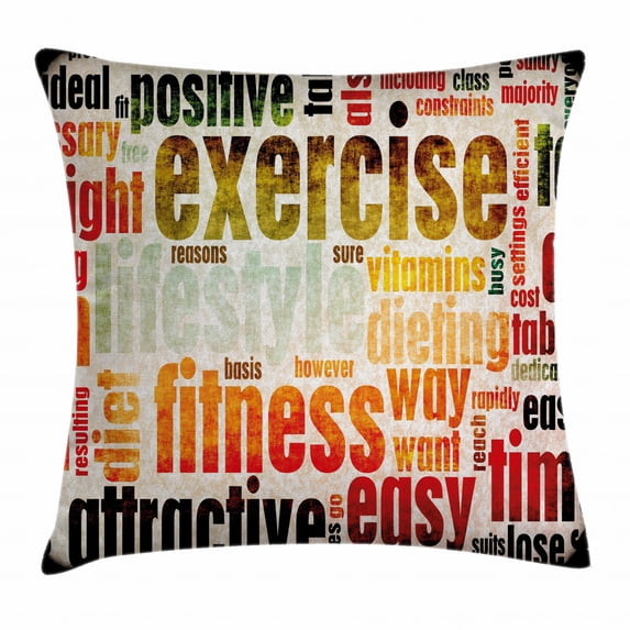 Fitness Throw Pillow Cushion Cover, Grungy Framework with Different Words Healthcare Concept Diet Endurance Exercising, Decorative Square Accent Pillow Case, 18 X 18 Inches, Multicolor, by Ambesonne
